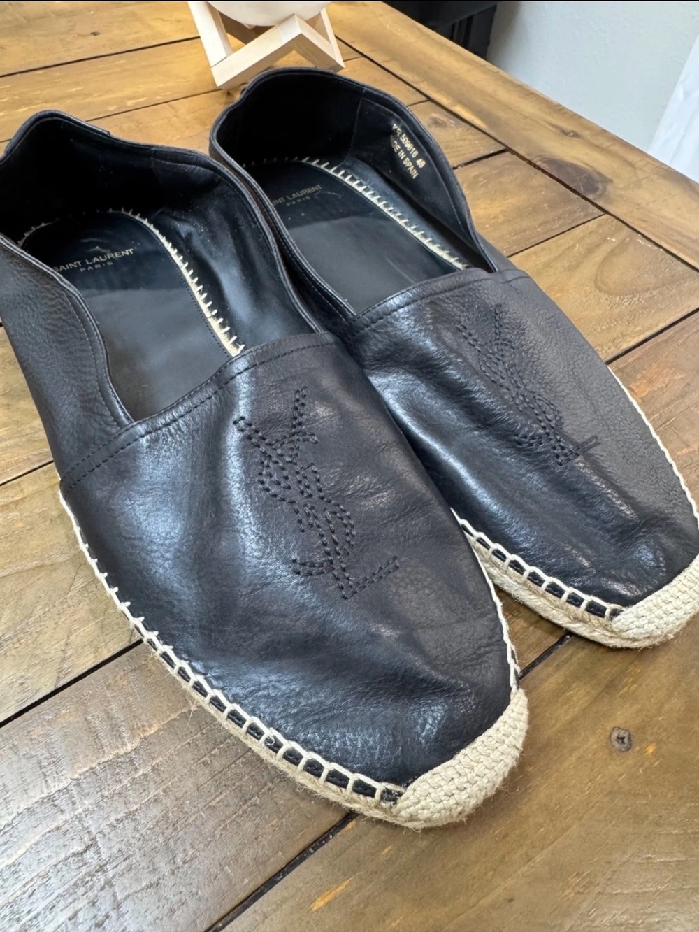 Saint Laurent Black Leather Espadrille Slip-Ons with Rope Trim